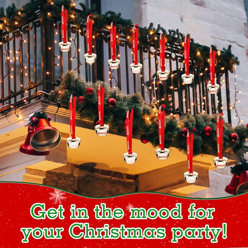 LUYI 80 Sets Christmas Bells Ornaments, Christmas Believe Bells Bulk Polar Express Decorations Xmas Party Gifts Favors Silver Sleigh Jingle Bells for Christmas Tree Home Decoration(1.6 Inch) - Image 3